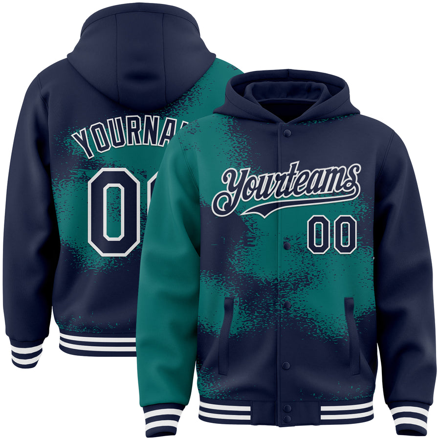Custom Navy Teal-White Abstract Color Blocks Fragment Pattern Bomber Full-Snap Varsity Letterman Hoodie Jacket