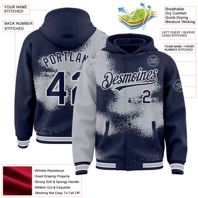 Custom Navy Gray-White Abstract Color Blocks Fragment Pattern Bomber Full-Snap Varsity Letterman Hoodie Jacket
