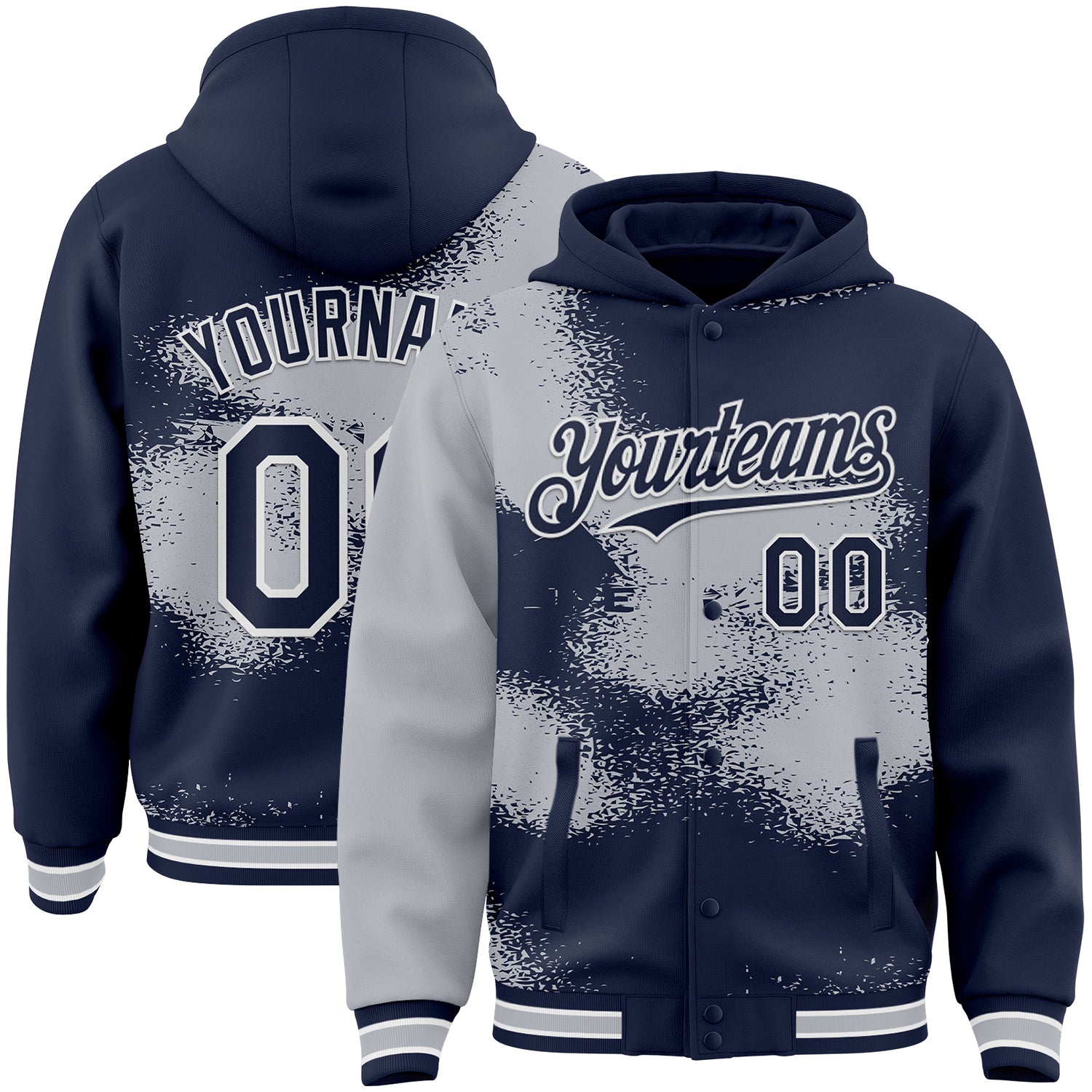 Custom Navy Gray-White Abstract Color Blocks Fragment Pattern Bomber Full-Snap Varsity Letterman Hoodie Jacket
