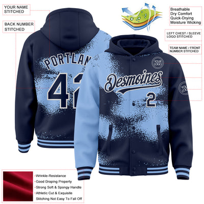 Custom Navy Light Blue-White Abstract Color Blocks Fragment Pattern Bomber Full-Snap Varsity Letterman Hoodie Jacket