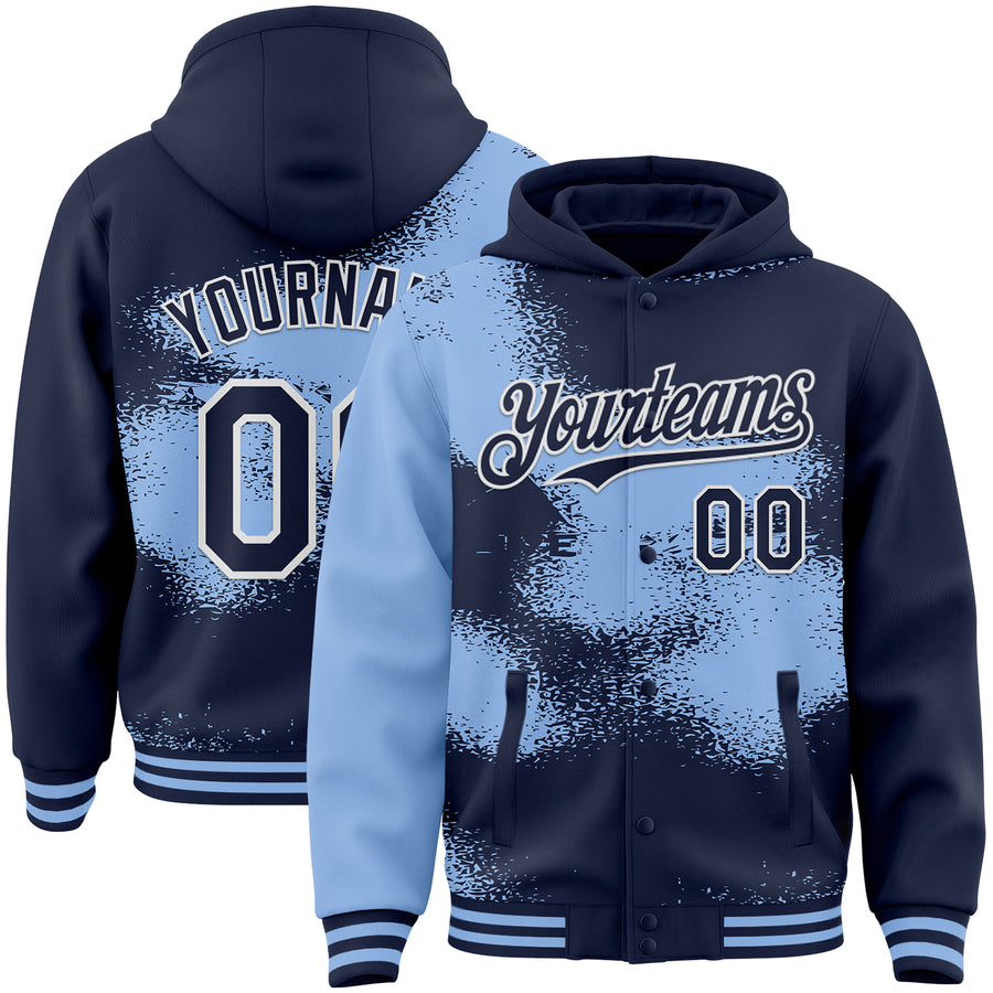 Custom Navy Light Blue-White Abstract Color Blocks Fragment Pattern Bomber Full-Snap Varsity Letterman Hoodie Jacket
