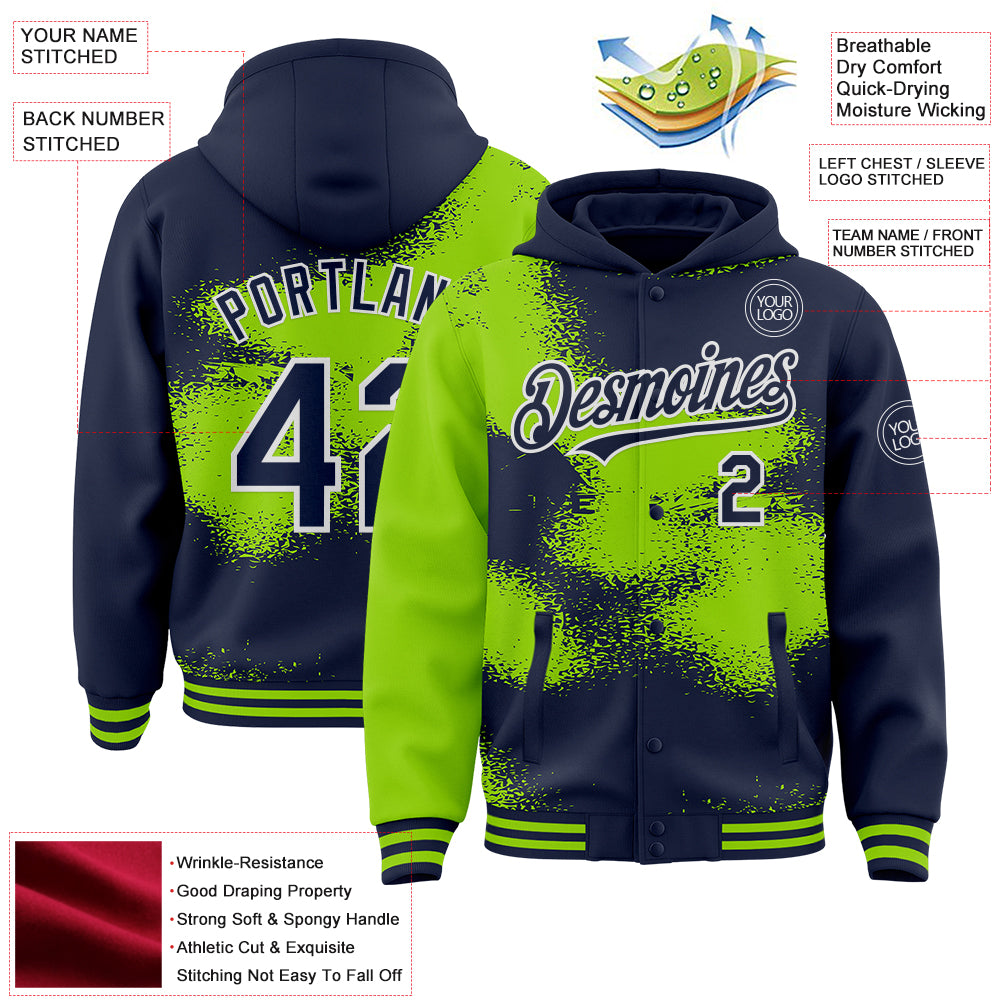 Custom Navy Neon Green-White Abstract Color Blocks Fragment Pattern Bomber Full-Snap Varsity Letterman Hoodie Jacket