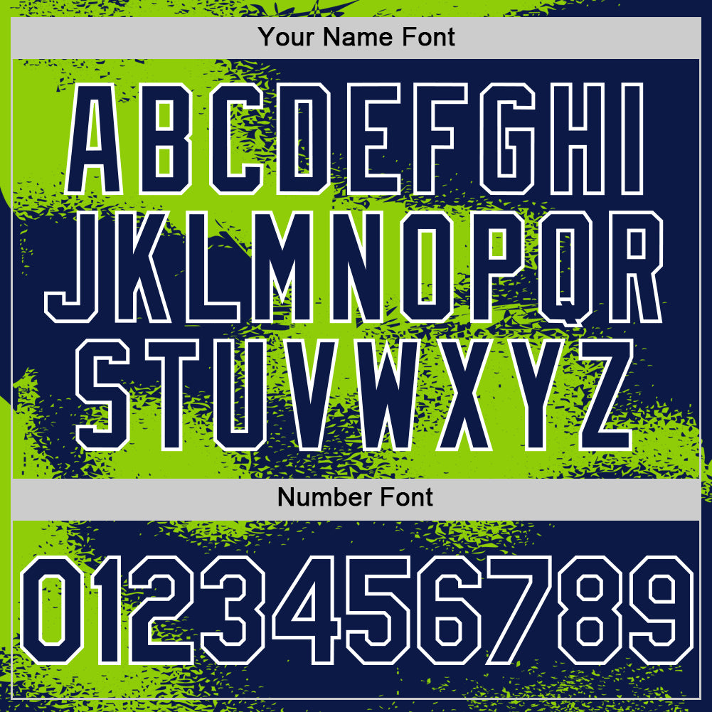 Custom Navy Neon Green-White Abstract Color Blocks Fragment Pattern Bomber Full-Snap Varsity Letterman Hoodie Jacket