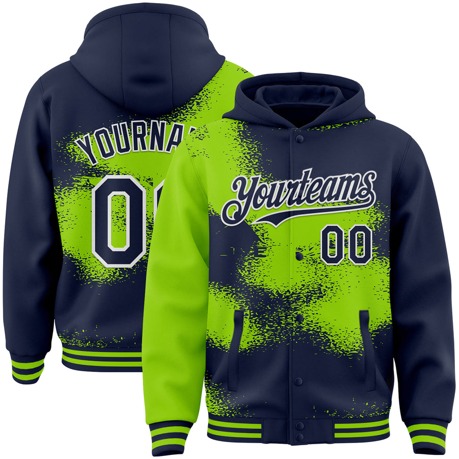 Custom Navy Neon Green-White Abstract Color Blocks Fragment Pattern Bomber Full-Snap Varsity Letterman Hoodie Jacket