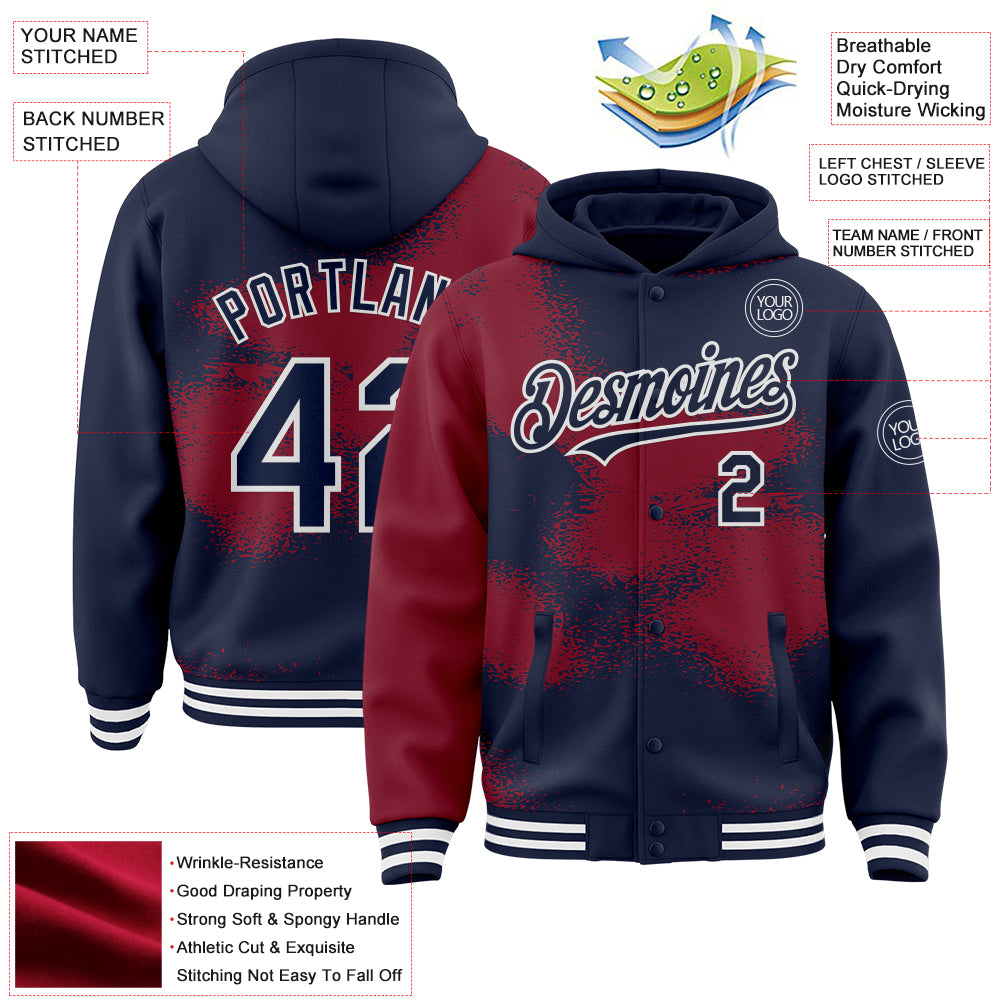 Custom Navy Crimson-White Abstract Color Blocks Fragment Pattern Bomber Full-Snap Varsity Letterman Hoodie Jacket