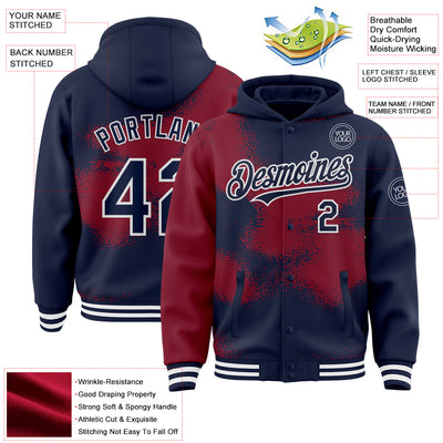 Custom Navy Crimson-White Abstract Color Blocks Fragment Pattern Bomber Full-Snap Varsity Letterman Hoodie Jacket