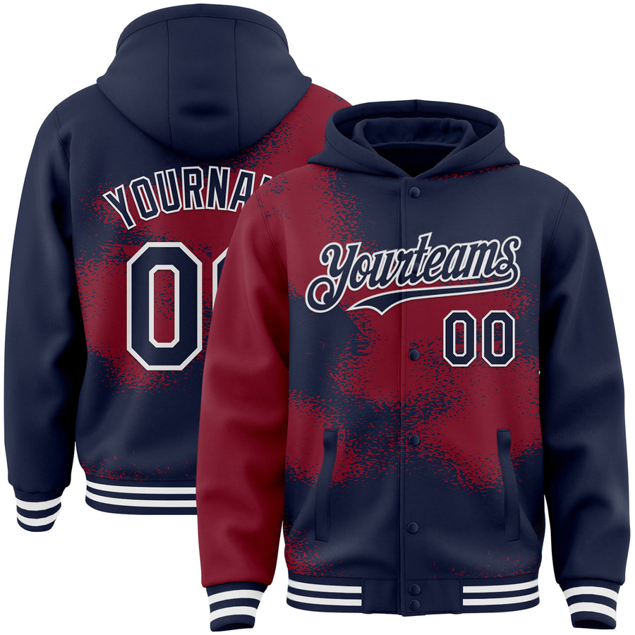Custom Navy Crimson-White Abstract Color Blocks Fragment Pattern Bomber Full-Snap Varsity Letterman Hoodie Jacket