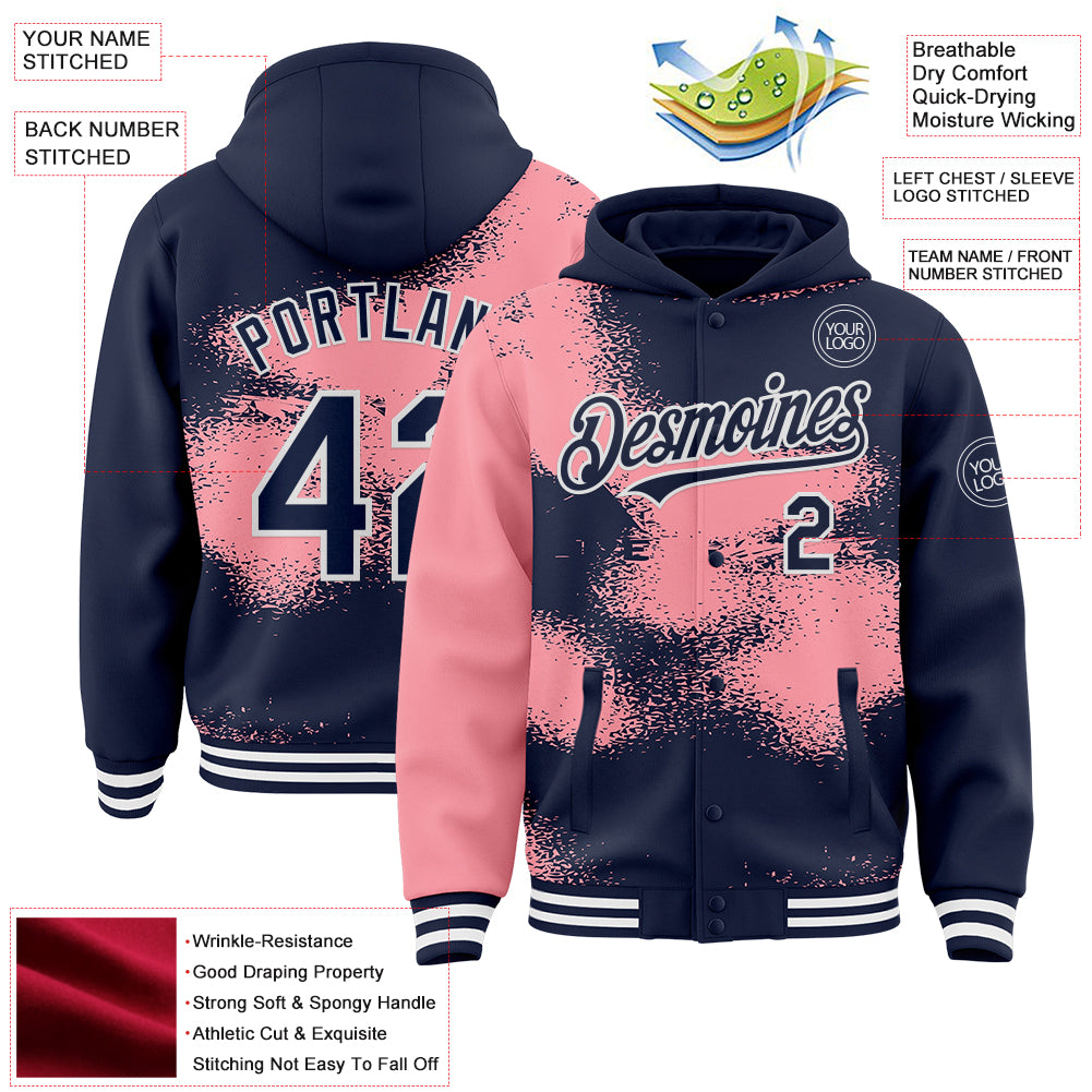 Custom Navy Medium Pink-White Abstract Color Blocks Fragment Pattern Bomber Full-Snap Varsity Letterman Hoodie Jacket