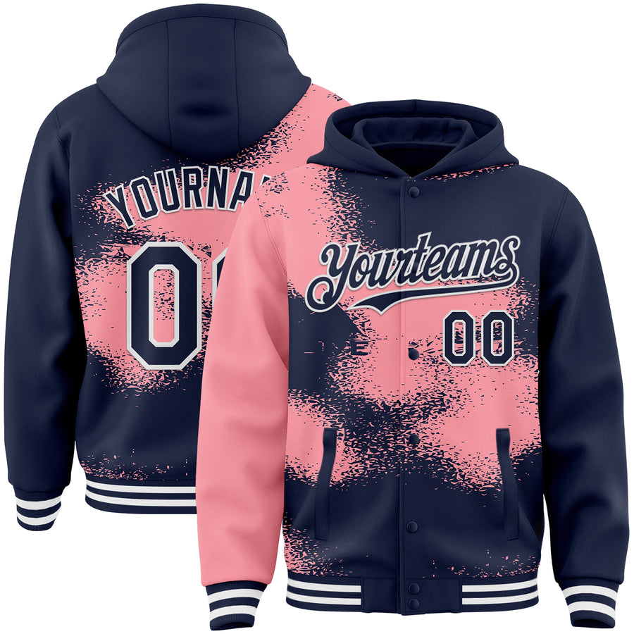 Custom Navy Medium Pink-White Abstract Color Blocks Fragment Pattern Bomber Full-Snap Varsity Letterman Hoodie Jacket