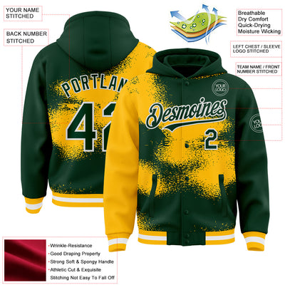 Custom Green Gold-White Abstract Color Blocks Fragment Pattern Bomber Full-Snap Varsity Letterman Hoodie Jacket