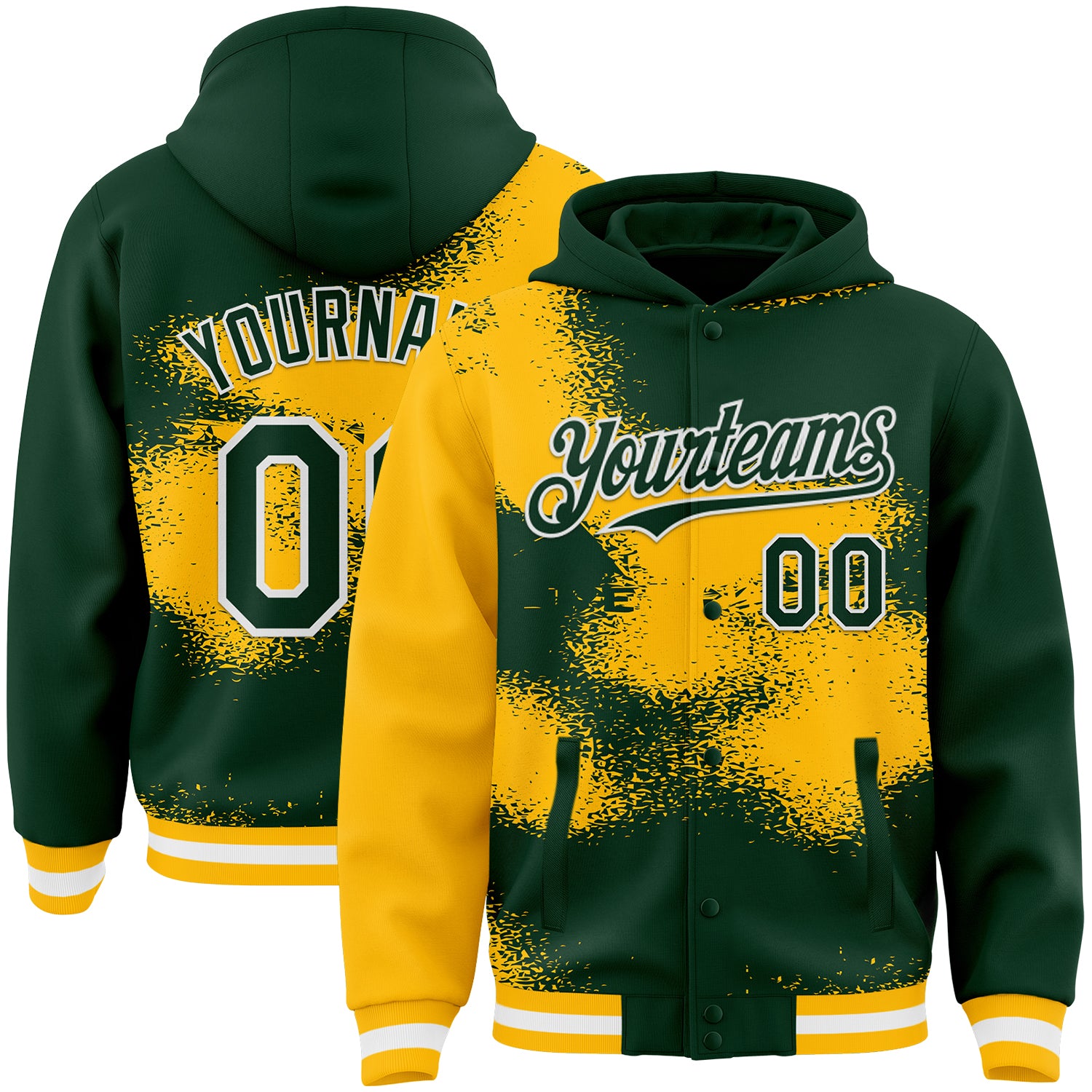 Custom Green Gold-White Abstract Color Blocks Fragment Pattern Bomber Full-Snap Varsity Letterman Hoodie Jacket