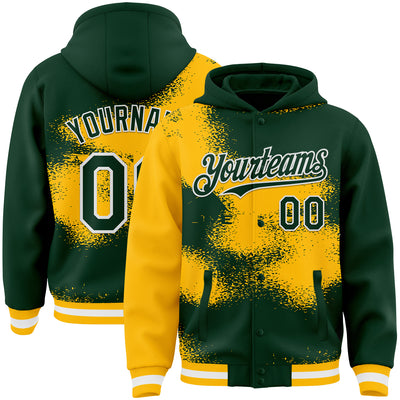 Custom Green Gold-White Abstract Color Blocks Fragment Pattern Bomber Full-Snap Varsity Letterman Hoodie Jacket