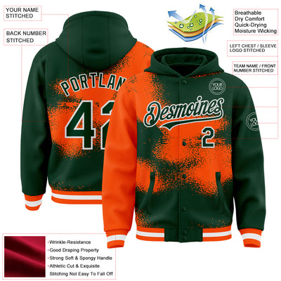 Custom Green Orange-White Abstract Color Blocks Fragment Pattern Bomber Full-Snap Varsity Letterman Hoodie Jacket