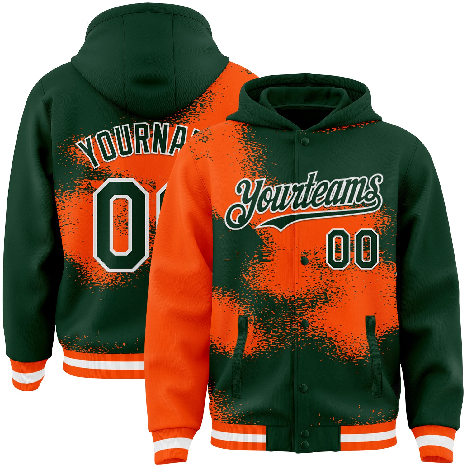 Custom Green Orange-White Abstract Color Blocks Fragment Pattern Bomber Full-Snap Varsity Letterman Hoodie Jacket