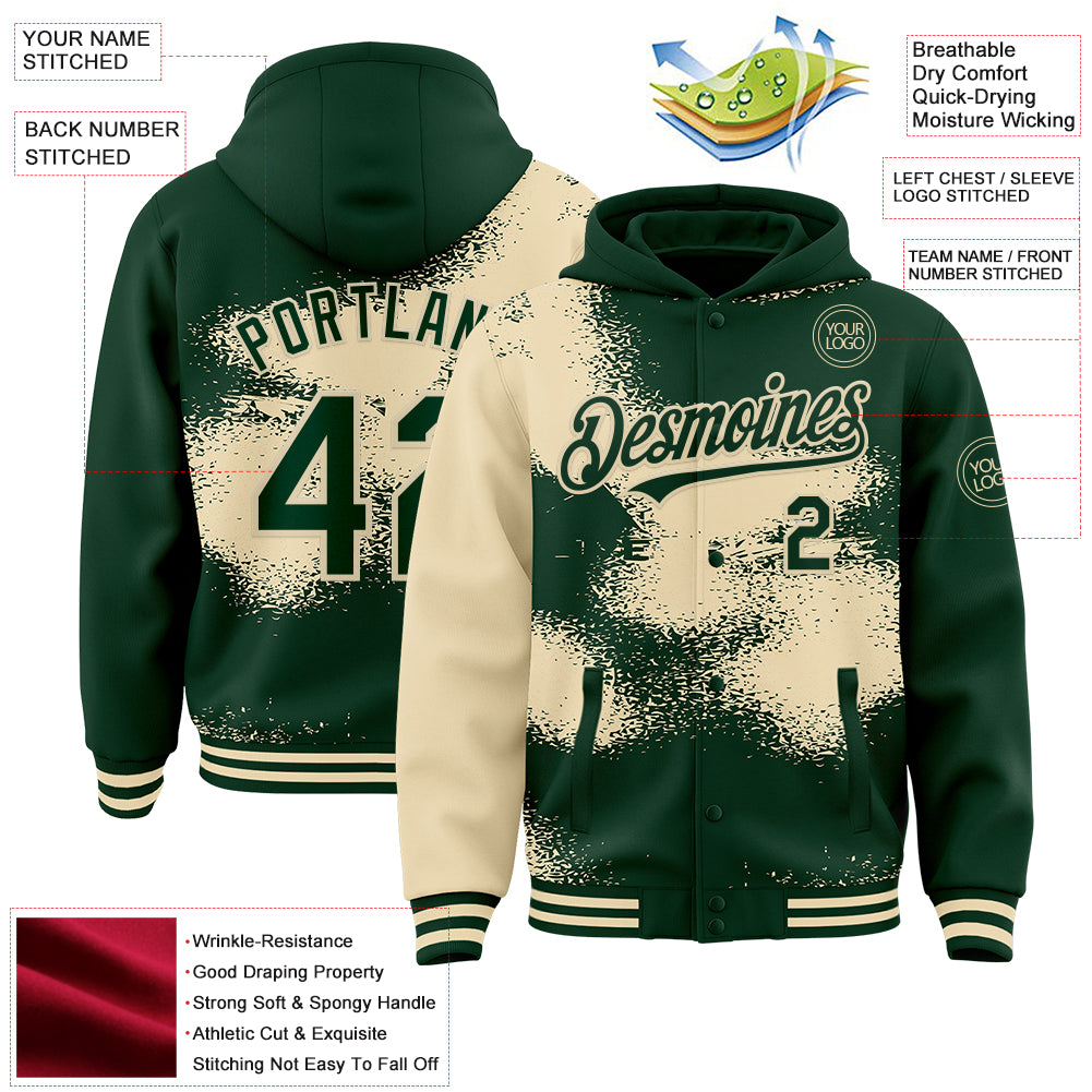 Custom Green Cream Abstract Color Blocks Fragment Pattern Bomber Full-Snap Varsity Letterman Hoodie Jacket