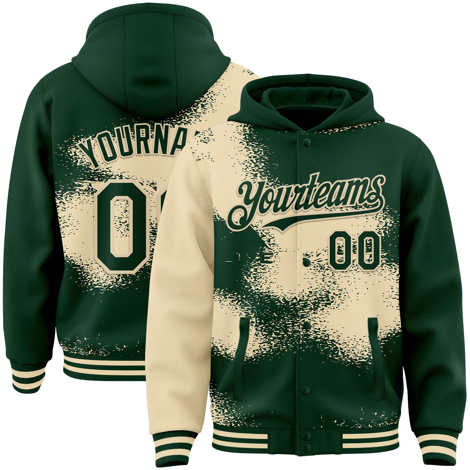 Custom Green Cream Abstract Color Blocks Fragment Pattern Bomber Full-Snap Varsity Letterman Hoodie Jacket