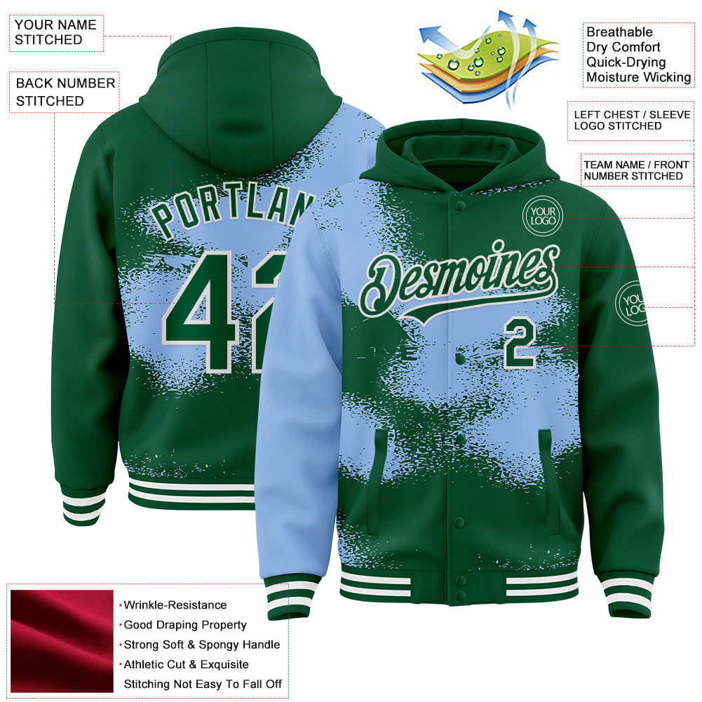 Custom Kelly Green Light Blue-White Abstract Color Blocks Fragment Pattern Bomber Full-Snap Varsity Letterman Hoodie Jacket