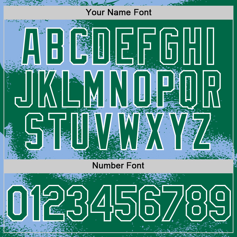 Custom Kelly Green Light Blue-White Abstract Color Blocks Fragment Pattern Bomber Full-Snap Varsity Letterman Hoodie Jacket