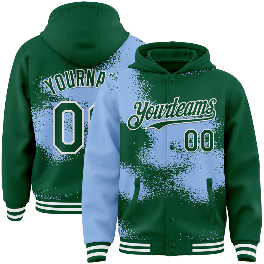 Custom Kelly Green Light Blue-White Abstract Color Blocks Fragment Pattern Bomber Full-Snap Varsity Letterman Hoodie Jacket