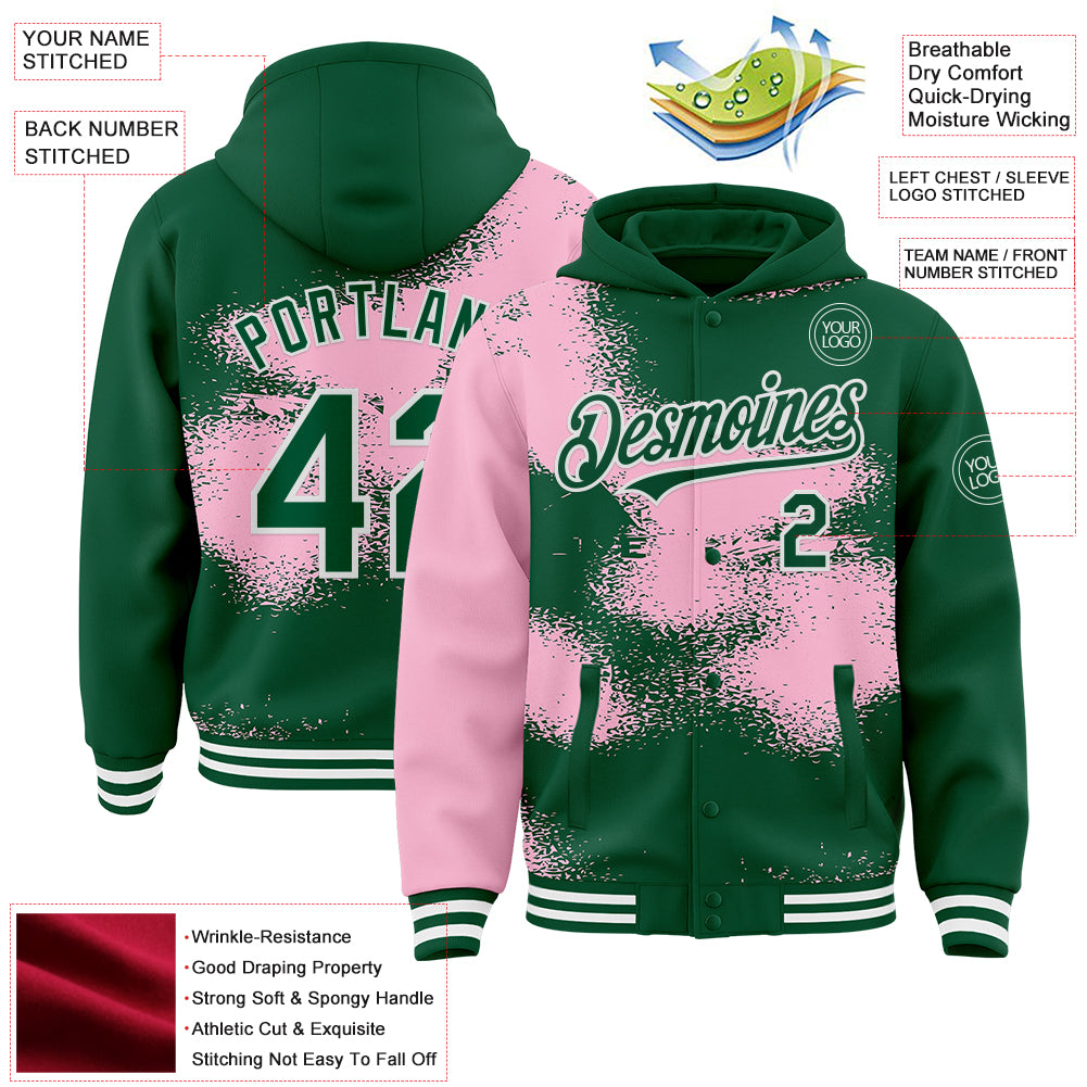 Custom Kelly Green Light Pink-White Abstract Color Blocks Fragment Pattern Bomber Full-Snap Varsity Letterman Hoodie Jacket