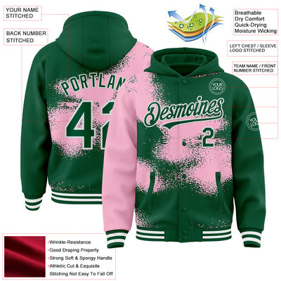 Custom Kelly Green Light Pink-White Abstract Color Blocks Fragment Pattern Bomber Full-Snap Varsity Letterman Hoodie Jacket