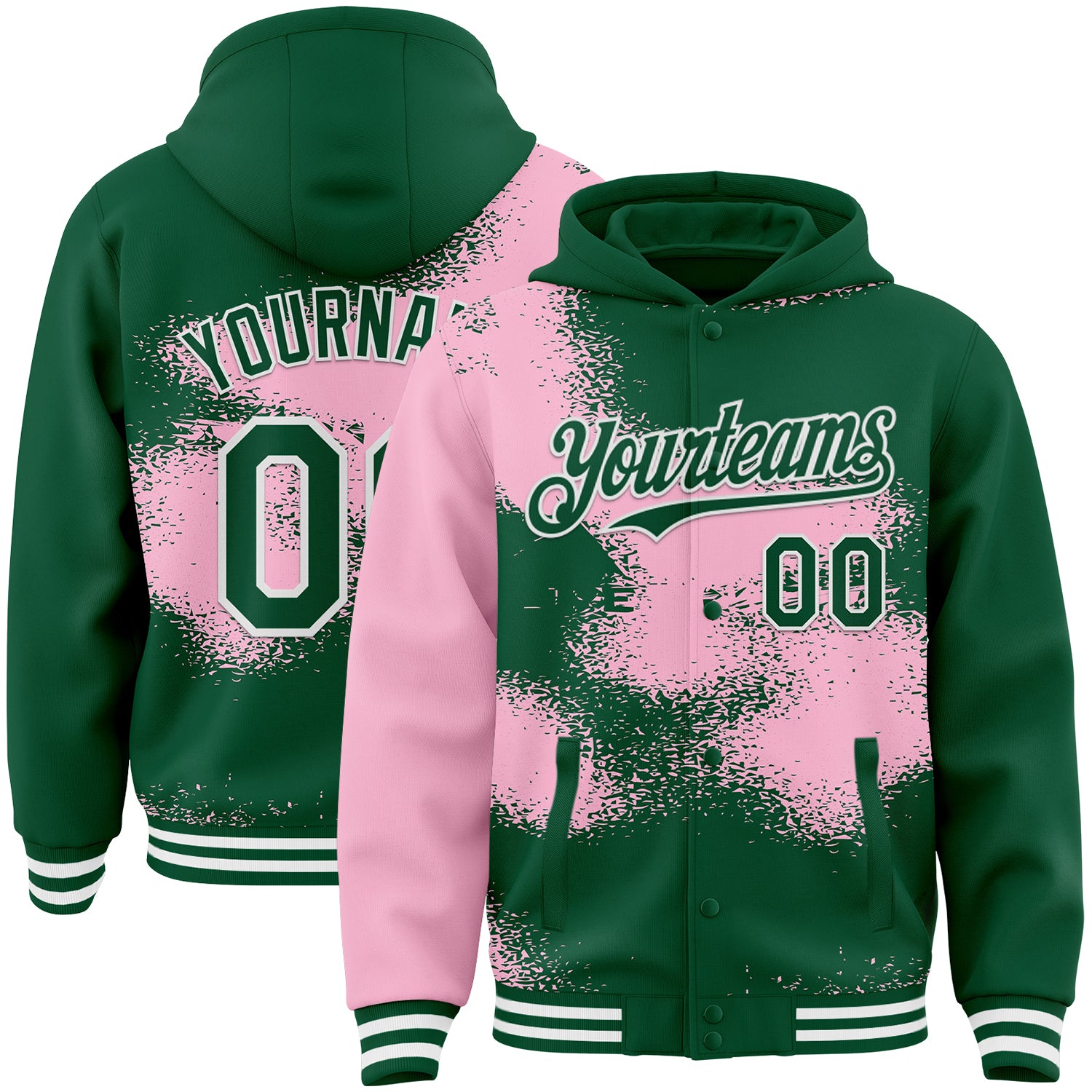 Custom Kelly Green Light Pink-White Abstract Color Blocks Fragment Pattern Bomber Full-Snap Varsity Letterman Hoodie Jacket