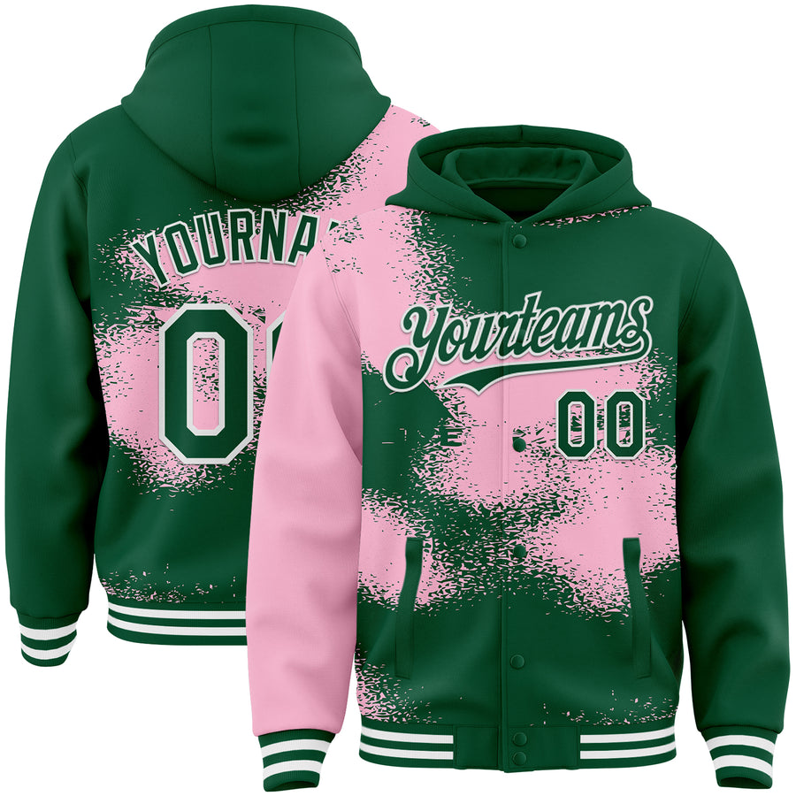 Custom Kelly Green Light Pink-White Abstract Color Blocks Fragment Pattern Bomber Full-Snap Varsity Letterman Hoodie Jacket