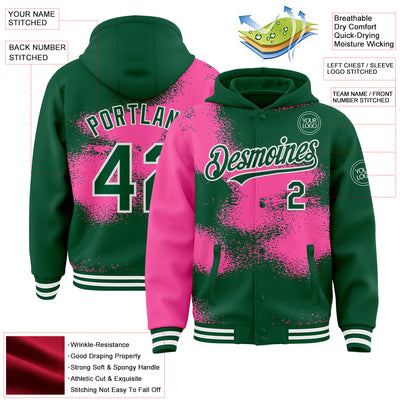 Custom Kelly Green Pink-White Abstract Color Blocks Fragment Pattern Bomber Full-Snap Varsity Letterman Hoodie Jacket
