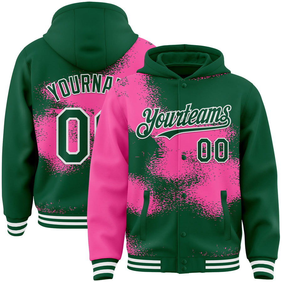 Custom Kelly Green Pink-White Abstract Color Blocks Fragment Pattern Bomber Full-Snap Varsity Letterman Hoodie Jacket