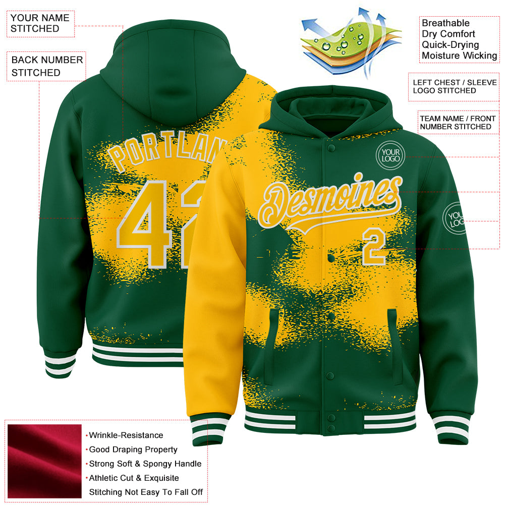 Custom Kelly Green Gold-White Abstract Color Blocks Fragment Pattern Bomber Full-Snap Varsity Letterman Hoodie Jacket