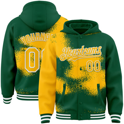 Custom Kelly Green Gold-White Abstract Color Blocks Fragment Pattern Bomber Full-Snap Varsity Letterman Hoodie Jacket