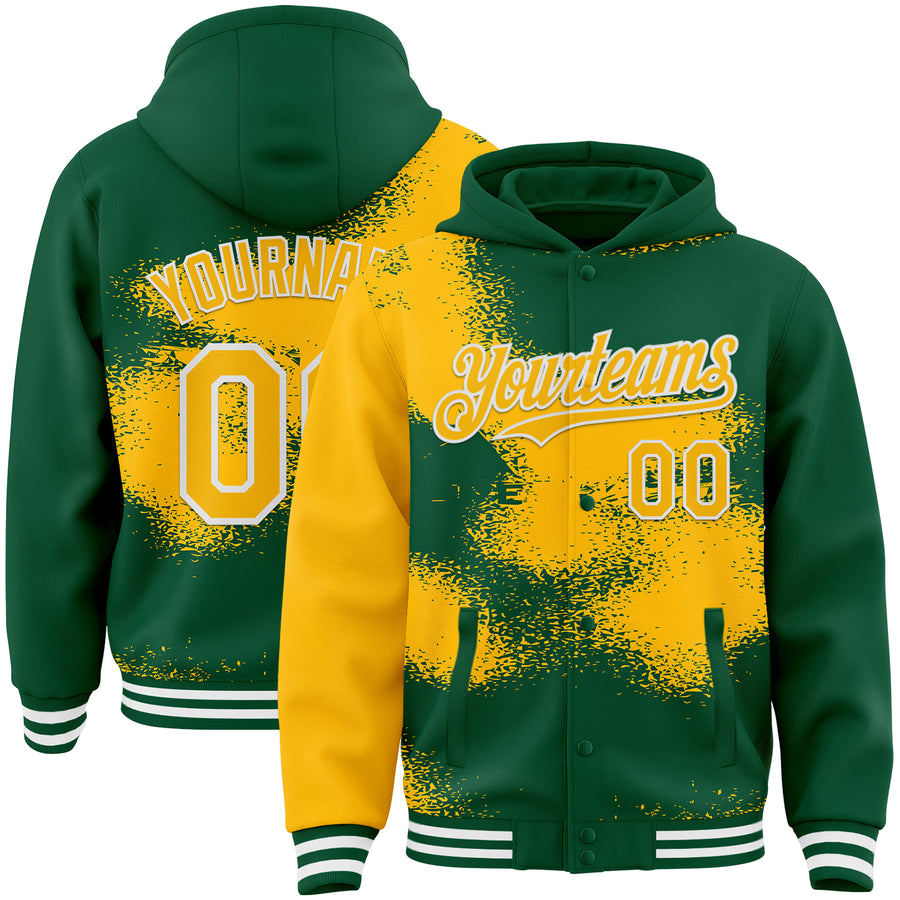 Custom Kelly Green Gold-White Abstract Color Blocks Fragment Pattern Bomber Full-Snap Varsity Letterman Hoodie Jacket