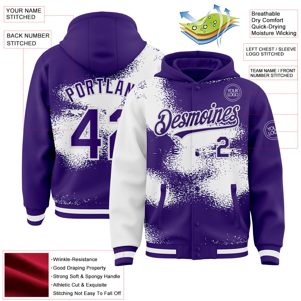 Custom Purple White Abstract Color Blocks Fragment Pattern Bomber Full-Snap Varsity Letterman Hoodie Jacket