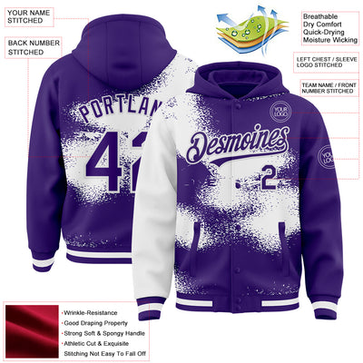 Custom Purple White Abstract Color Blocks Fragment Pattern Bomber Full-Snap Varsity Letterman Hoodie Jacket