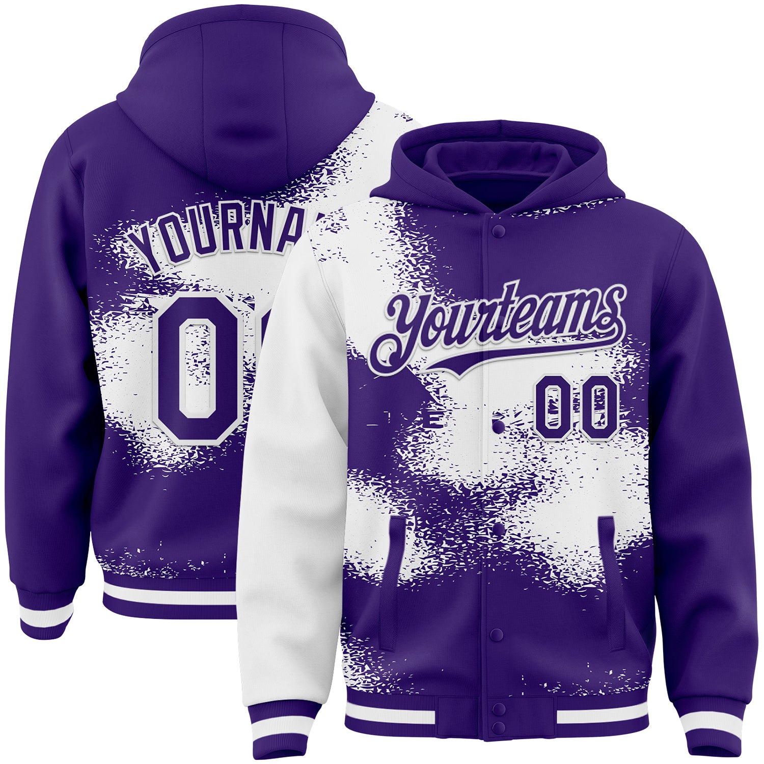 Custom Purple White Abstract Color Blocks Fragment Pattern Bomber Full-Snap Varsity Letterman Hoodie Jacket
