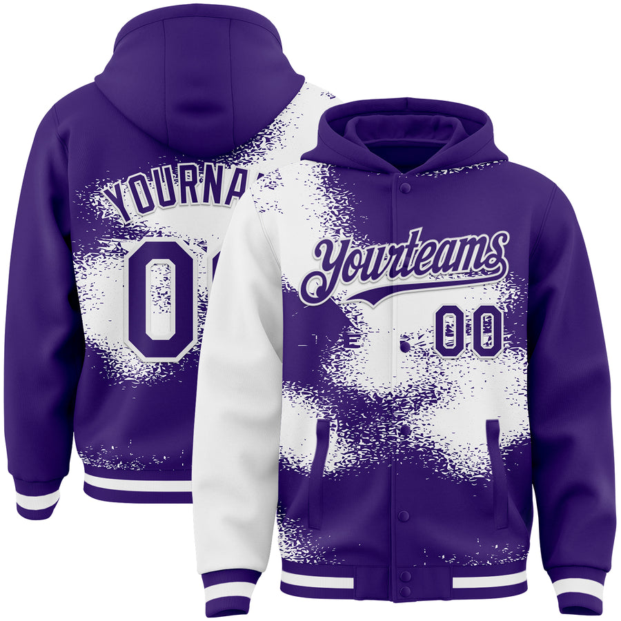 Custom Purple White Abstract Color Blocks Fragment Pattern Bomber Full-Snap Varsity Letterman Hoodie Jacket