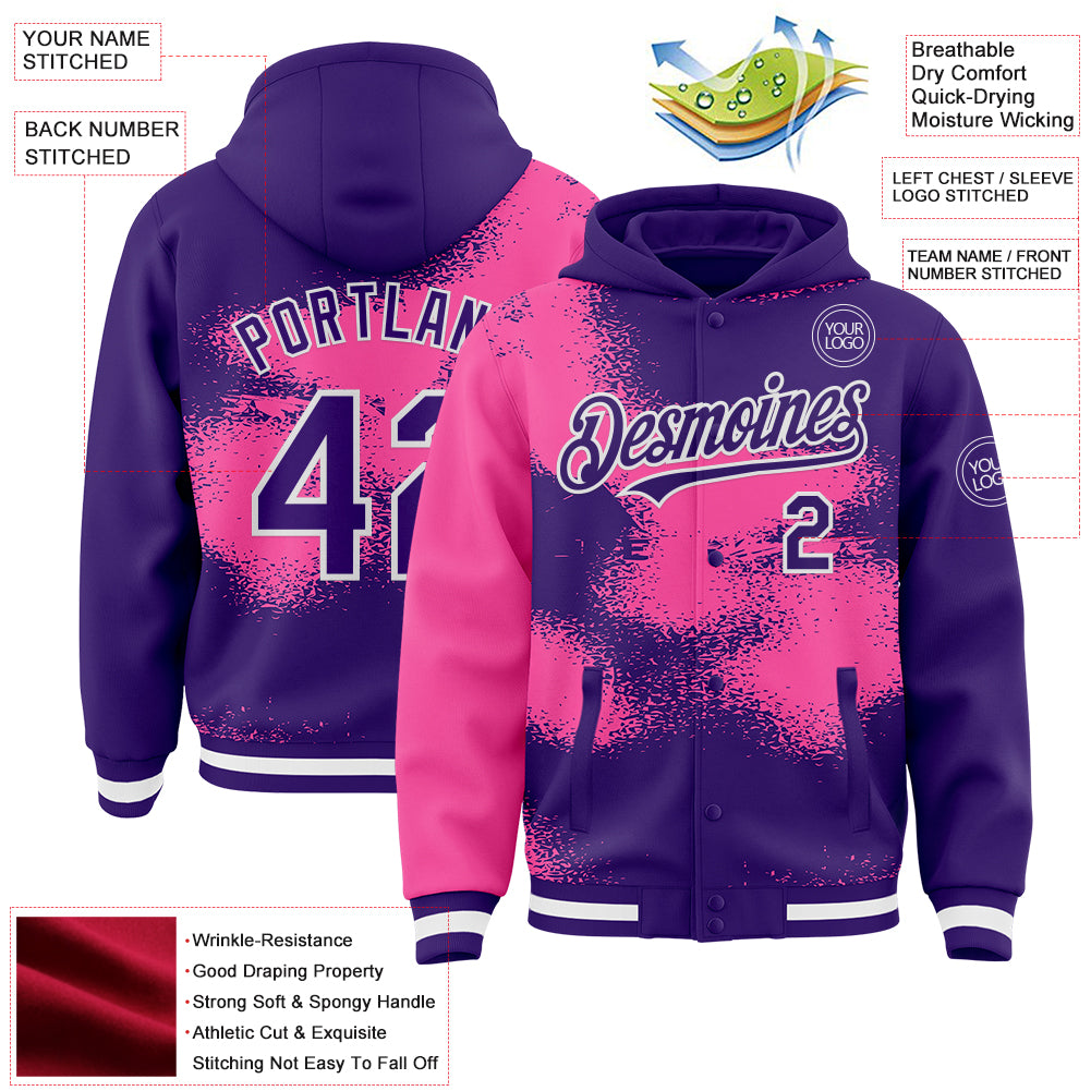 Custom Purple Pink-White Abstract Color Blocks Fragment Pattern Bomber Full-Snap Varsity Letterman Hoodie Jacket