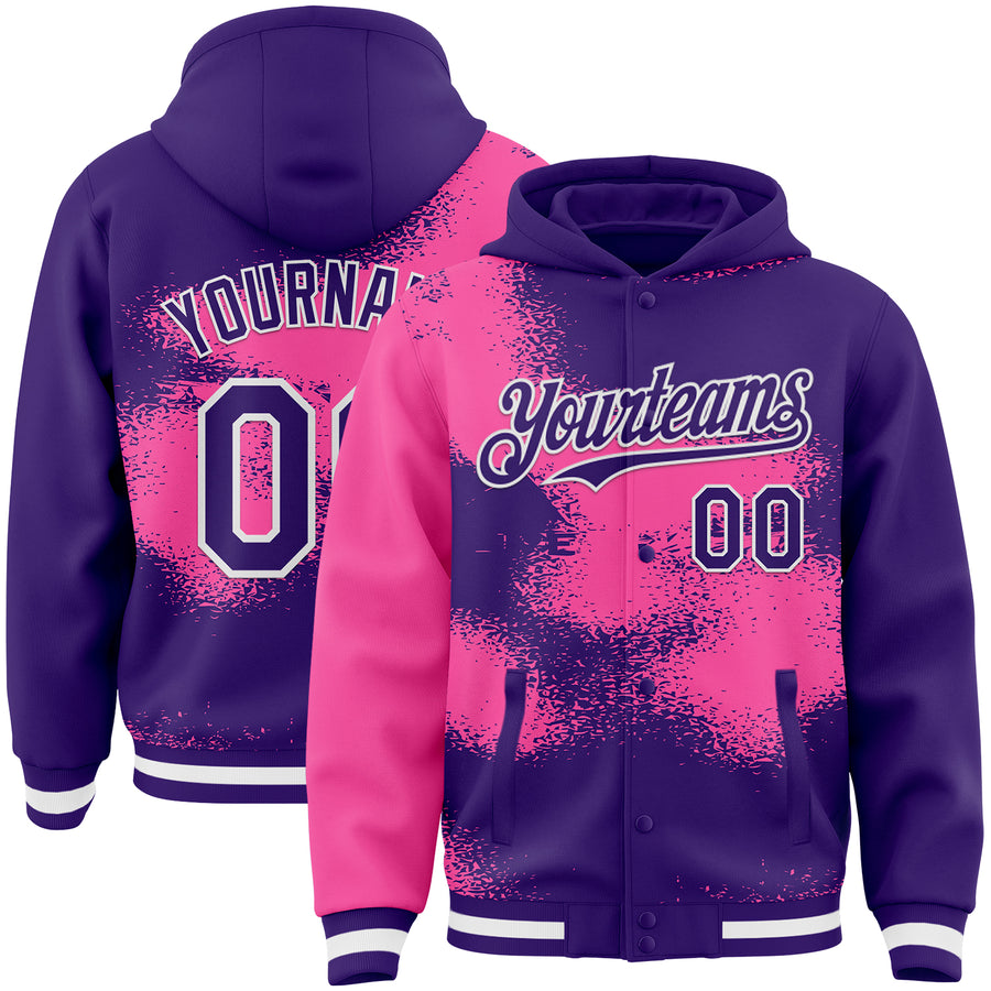 Custom Purple Pink-White Abstract Color Blocks Fragment Pattern Bomber Full-Snap Varsity Letterman Hoodie Jacket