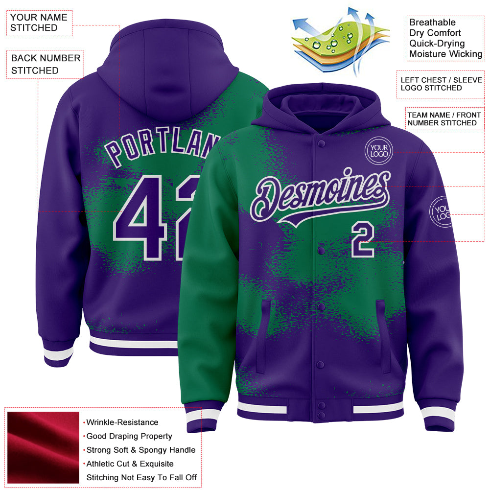 Custom Purple Kelly Green-White Abstract Color Blocks Fragment Pattern Bomber Full-Snap Varsity Letterman Hoodie Jacket