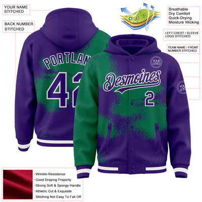 Custom Purple Kelly Green-White Abstract Color Blocks Fragment Pattern Bomber Full-Snap Varsity Letterman Hoodie Jacket