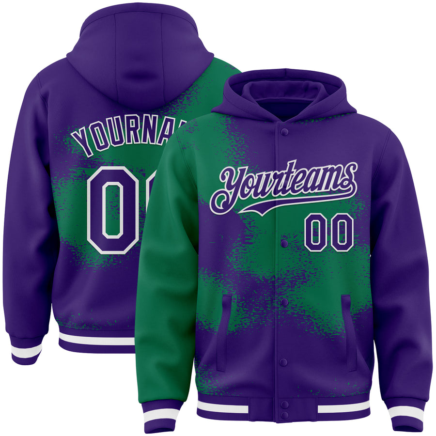 Custom Purple Kelly Green-White Abstract Color Blocks Fragment Pattern Bomber Full-Snap Varsity Letterman Hoodie Jacket