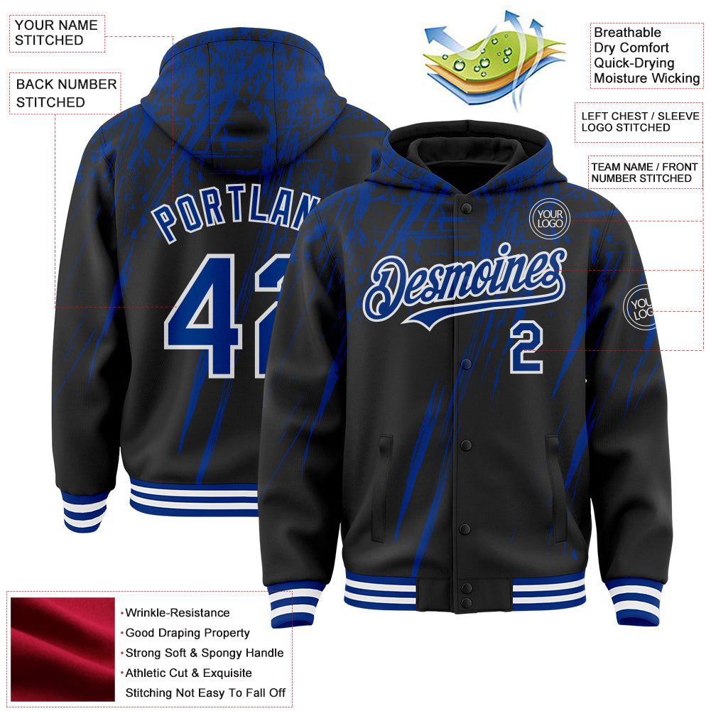 Custom Black Royal-White Splash Bomber Full-Snap Varsity Letterman Hoodie Jacket