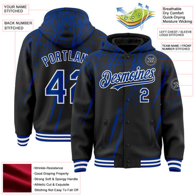 Custom Black Royal-White Splash Bomber Full-Snap Varsity Letterman Hoodie Jacket