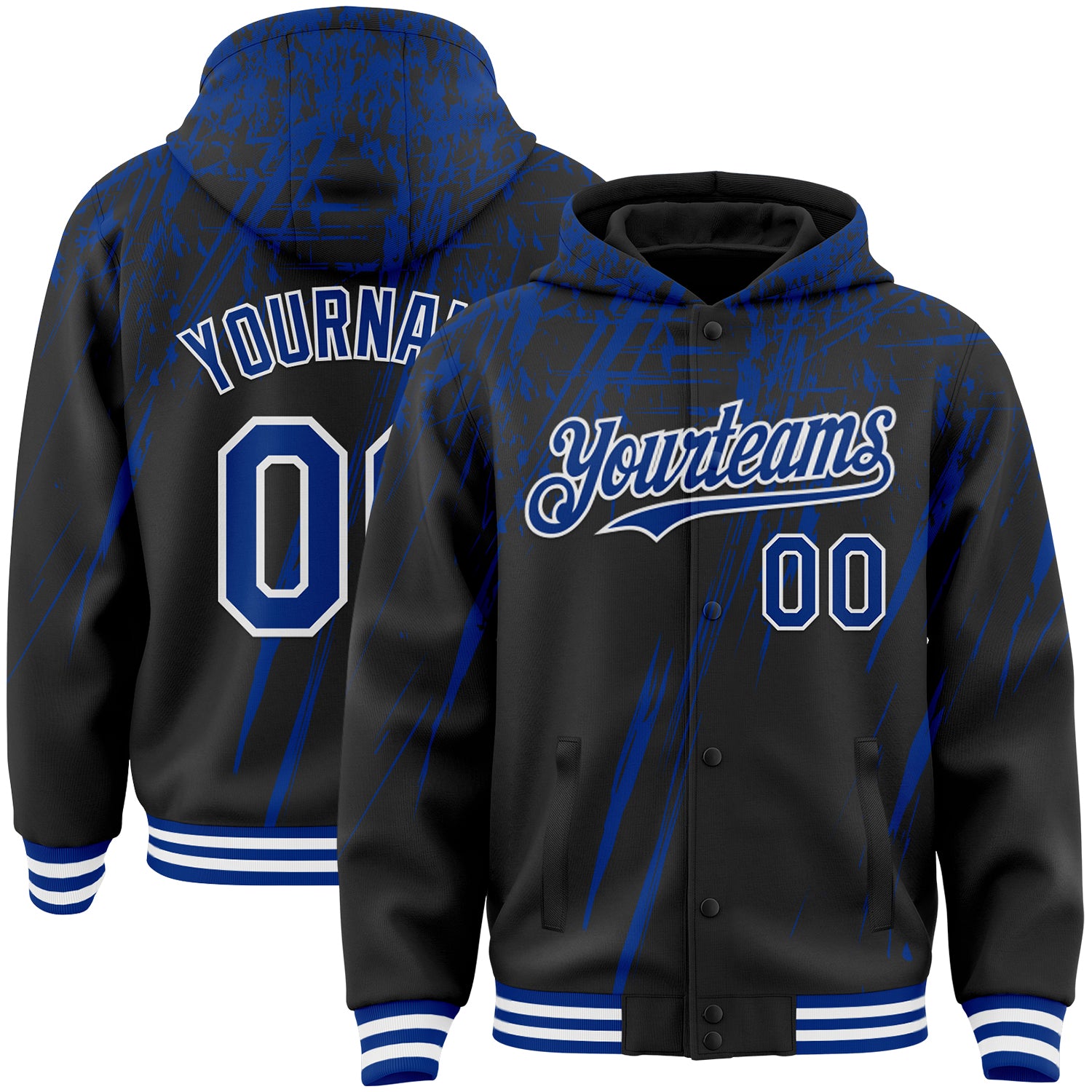Custom Black Royal-White Splash Bomber Full-Snap Varsity Letterman Hoodie Jacket