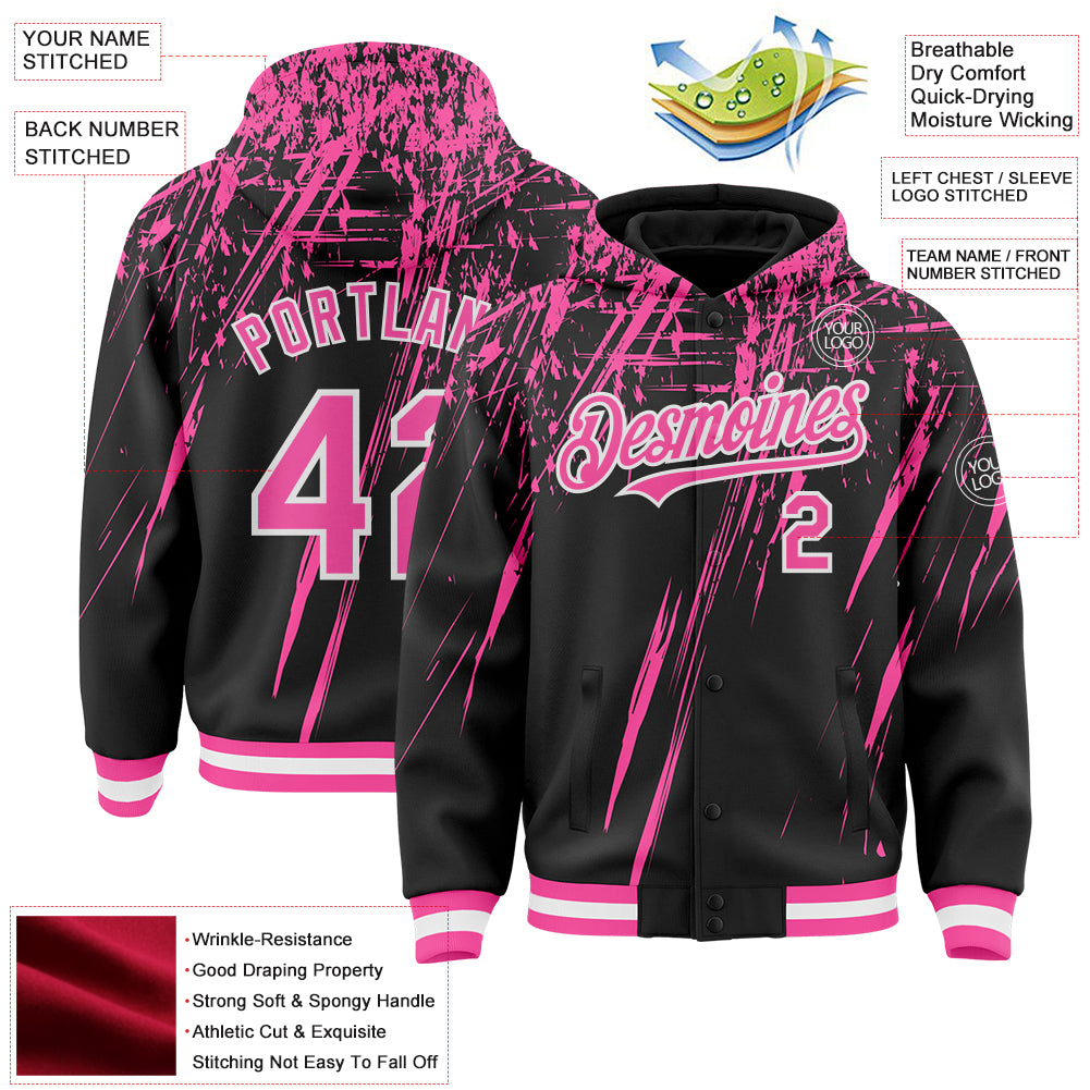 Custom Black Pink-White Splash Bomber Full-Snap Varsity Letterman Hoodie Jacket