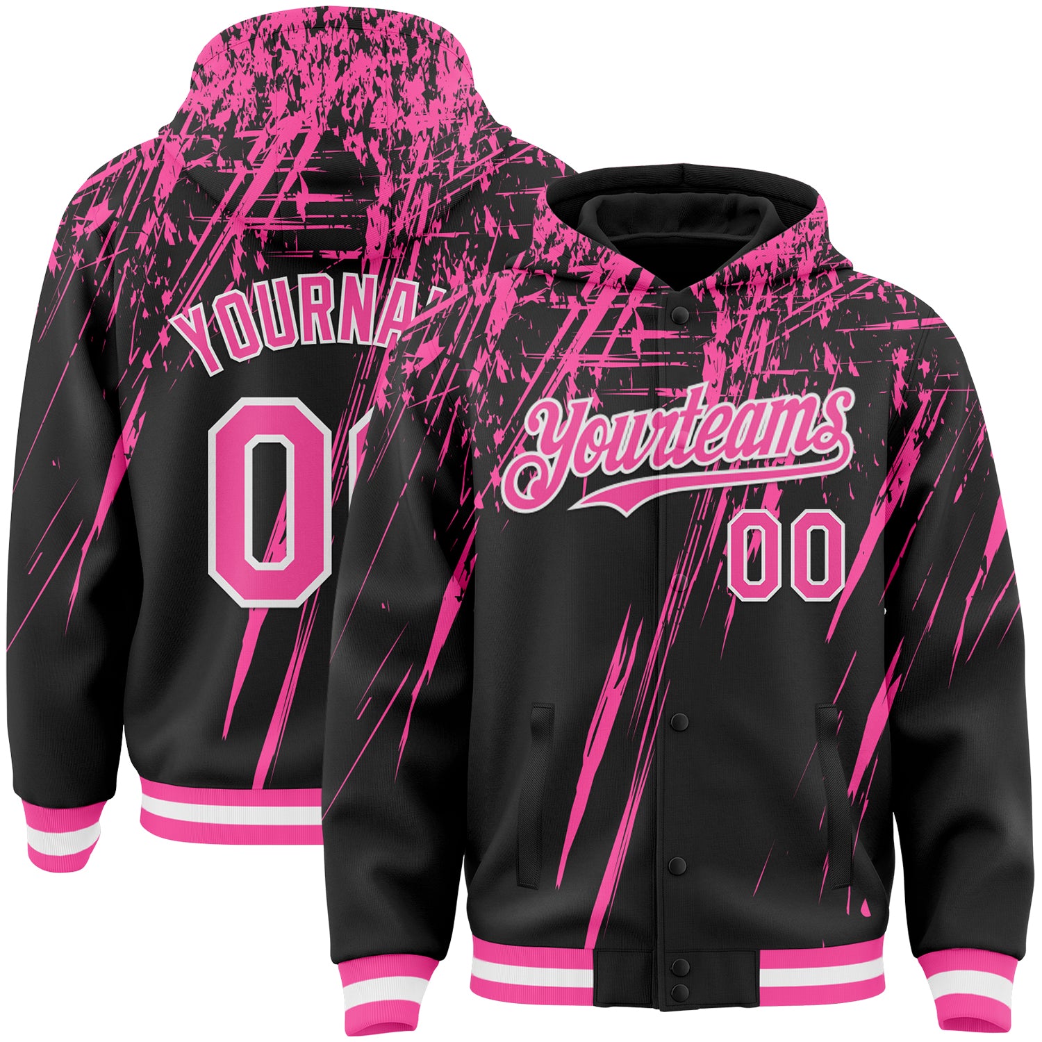 Custom Black Pink-White Splash Bomber Full-Snap Varsity Letterman Hoodie Jacket