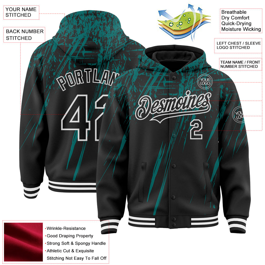 Custom Black Teal-White Splash Bomber Full-Snap Varsity Letterman Hoodie Jacket