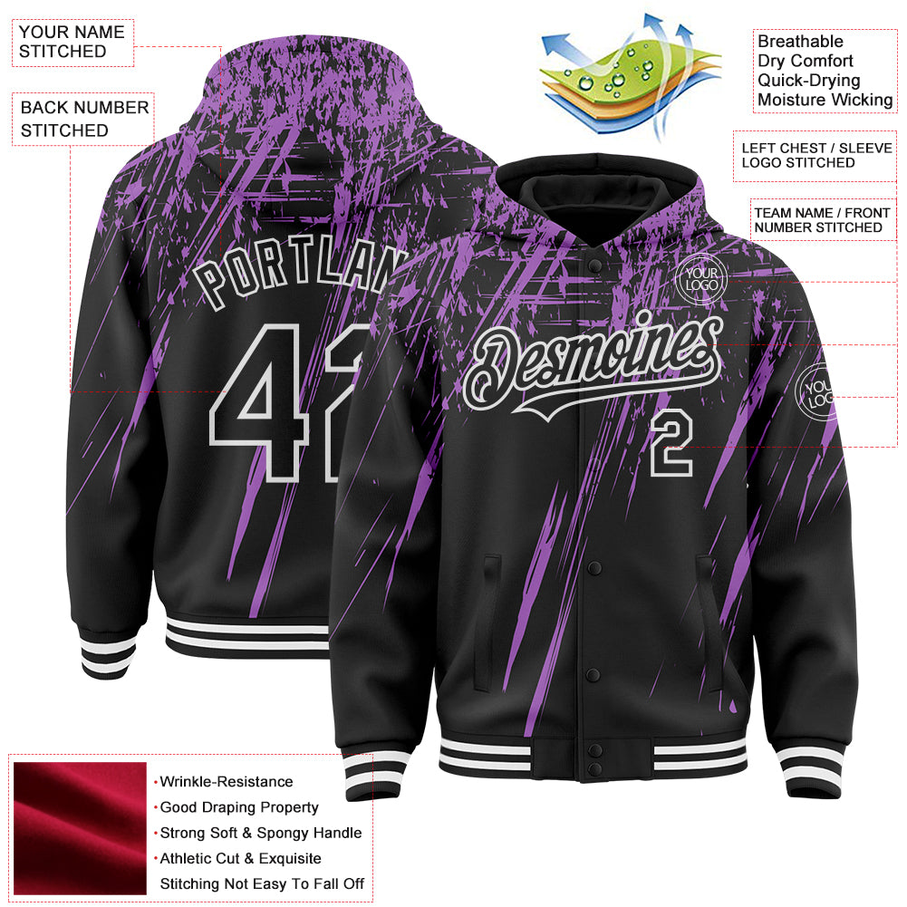 Custom Black Medium Purple-White Splash Bomber Full-Snap Varsity Letterman Hoodie Jacket