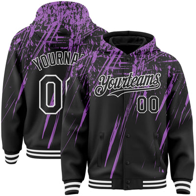 Custom Black Medium Purple-White Splash Bomber Full-Snap Varsity Letterman Hoodie Jacket