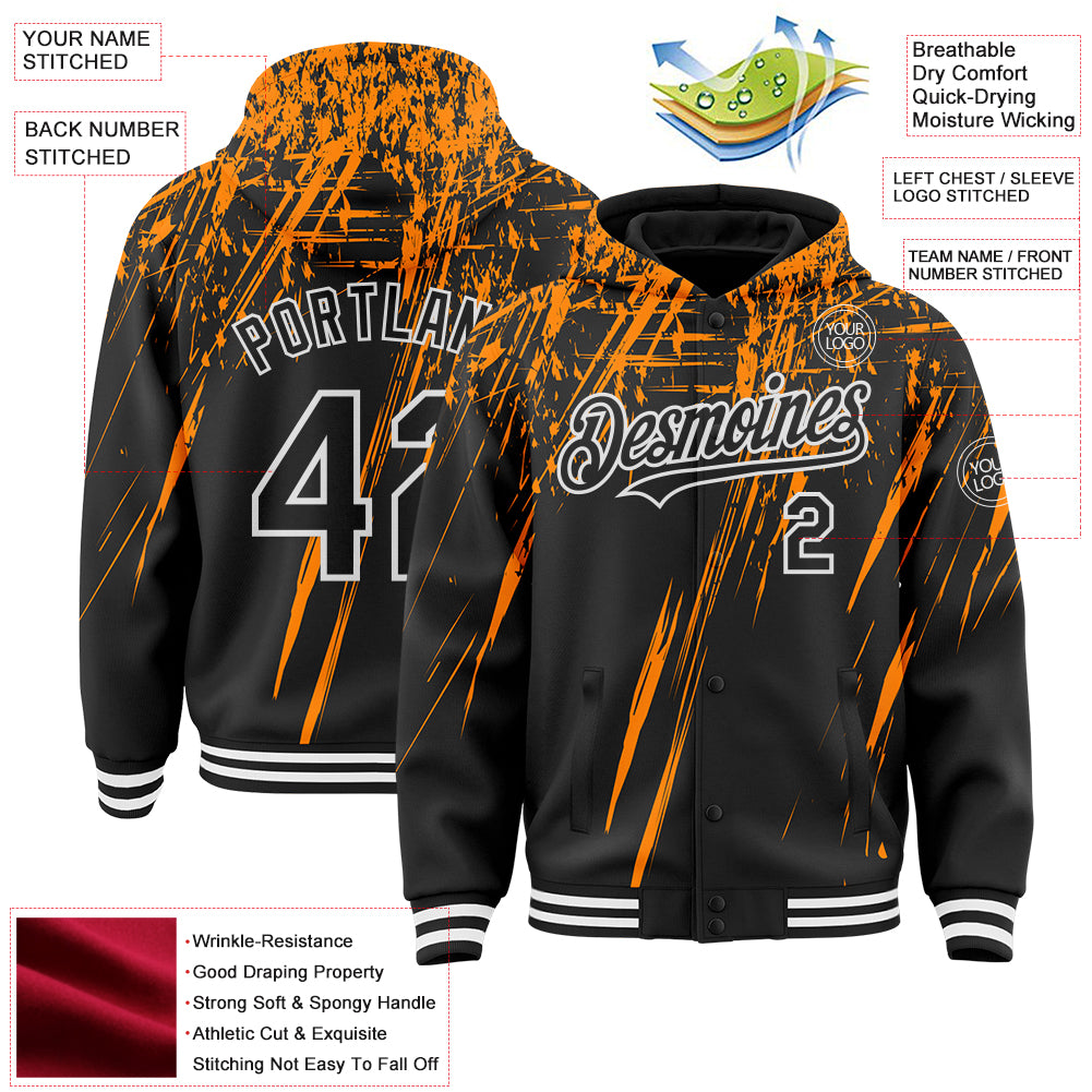 Custom Black Bay Orange-White Splash Bomber Full-Snap Varsity Letterman Hoodie Jacket